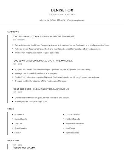 Food Assembler, Kitchen Resume