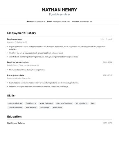 Food Assembler Resume