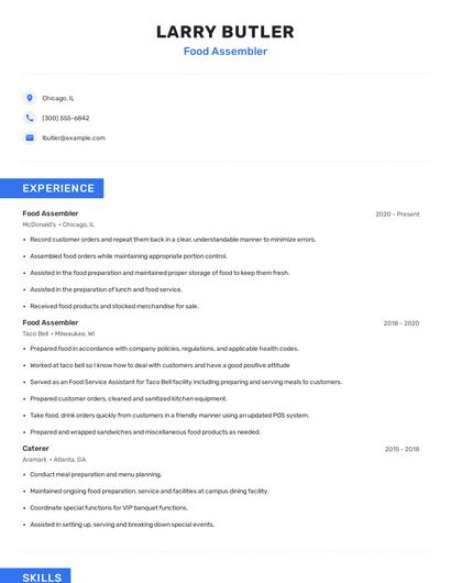 Food Assembler Resume