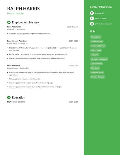 Food Assembler Resume