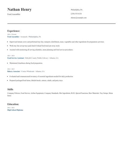 Food Assembler Resume