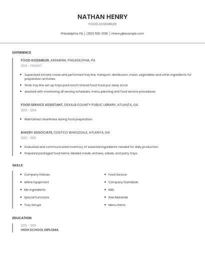 Food Assembler Resume