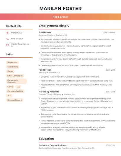 Food Broker Resume