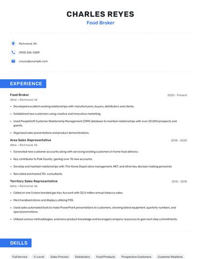 Food Broker Resume