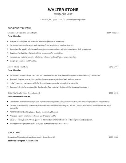 Food Chemist Resume