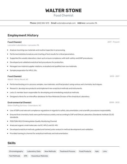 Food Chemist Resume