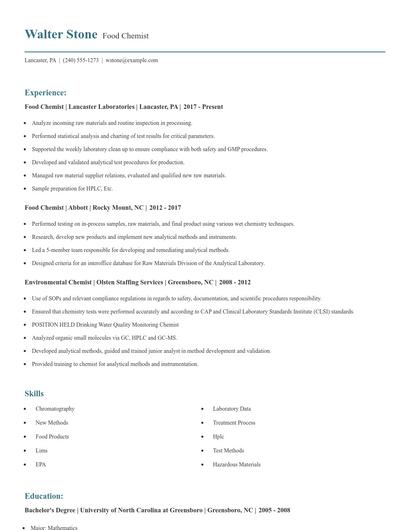 Food Chemist Resume