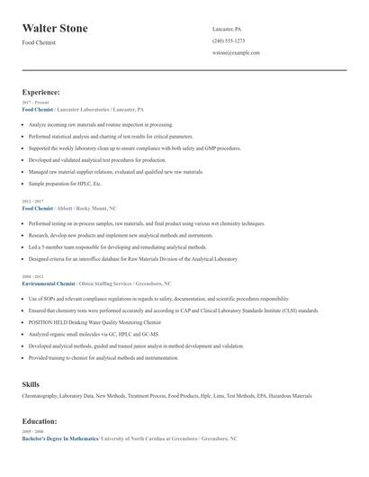 Food Chemist Resume