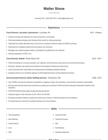 Food Chemist Resume