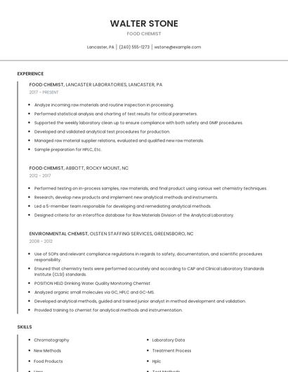 Food Chemist Resume