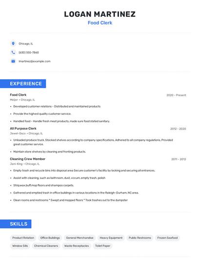 Food Clerk Resume