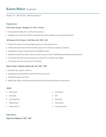 Food Clerk Resume