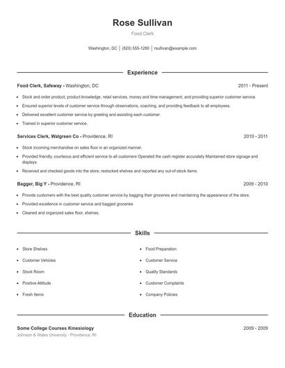 Food Clerk Resume