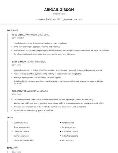 Food Clerk Resume