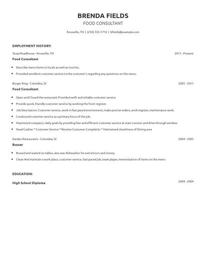 Food Consultant Resume