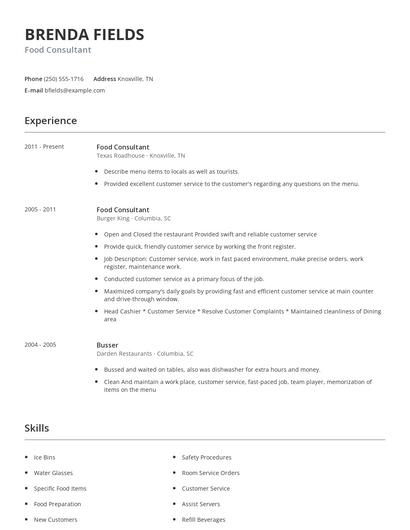 Food Consultant Resume