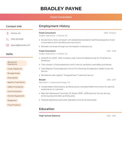 Food Consultant Resume