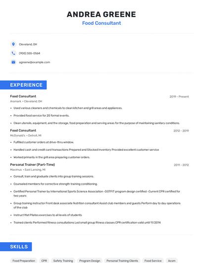 Food Consultant Resume
