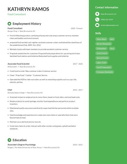 Food Consultant Resume