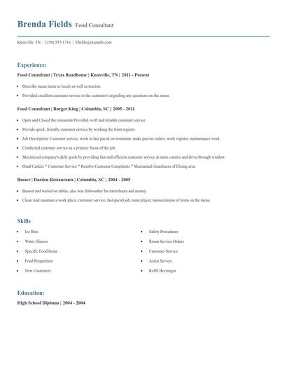 Food Consultant Resume
