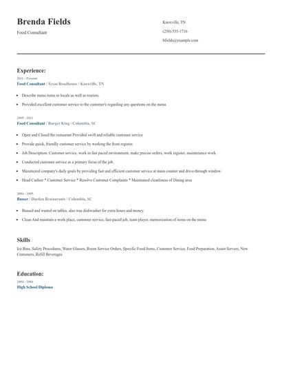 Food Consultant Resume