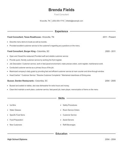 Food Consultant Resume