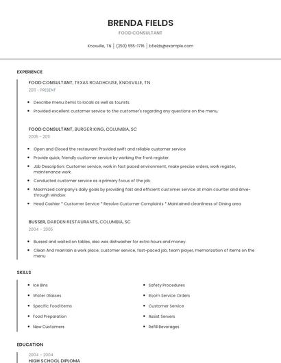 Food Consultant Resume