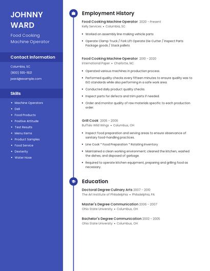 Food Cooking Machine Operator Resume