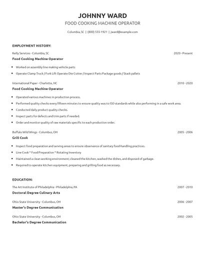 Food Cooking Machine Operator Resume