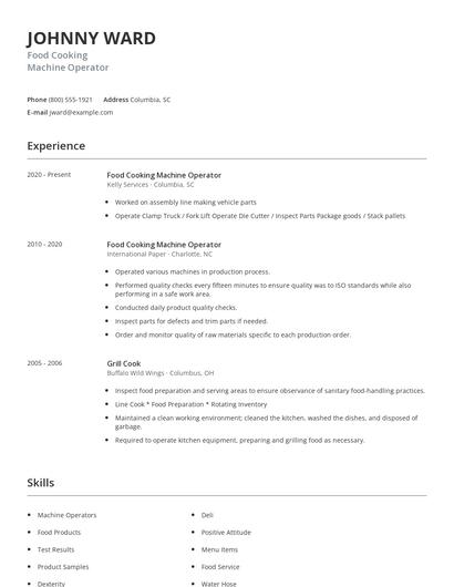 Food Cooking Machine Operator Resume