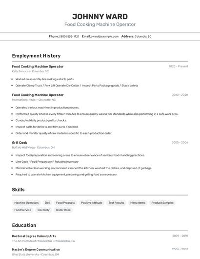 Food Cooking Machine Operator Resume
