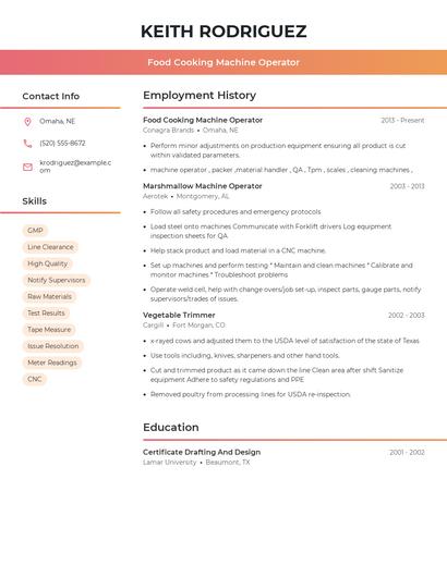 Food Cooking Machine Operator Resume