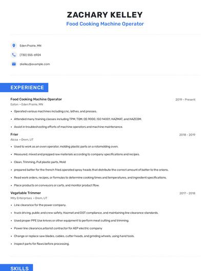 Food Cooking Machine Operator Resume