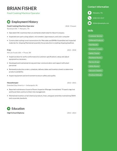Food Cooking Machine Operator Resume