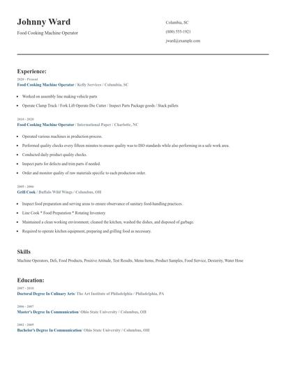 Food Cooking Machine Operator Resume