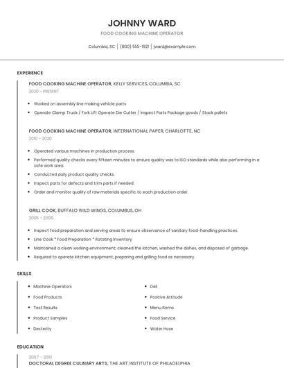 Food Cooking Machine Operator Resume