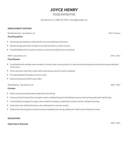 Food Expeditor Resume