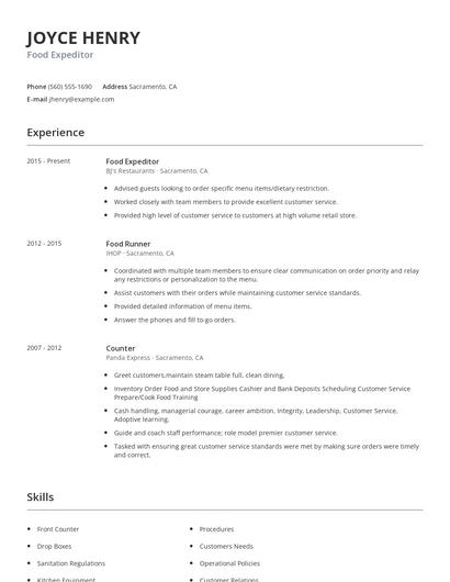 Food Expeditor Resume
