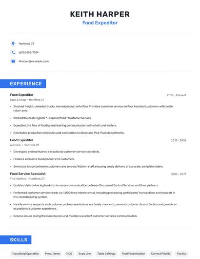 Food Expeditor Resume
