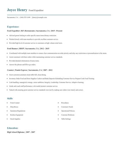 Food Expeditor Resume