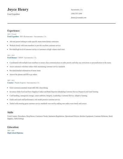 Food Expeditor Resume