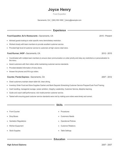 Food Expeditor Resume