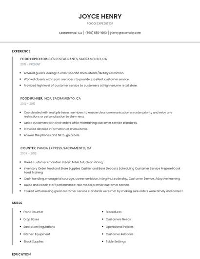 Food Expeditor Resume