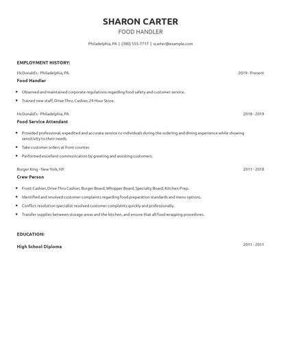 Food Handler Resume