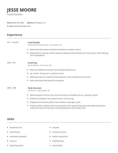 Food Handler Resume