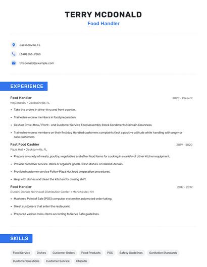 Food Handler Resume