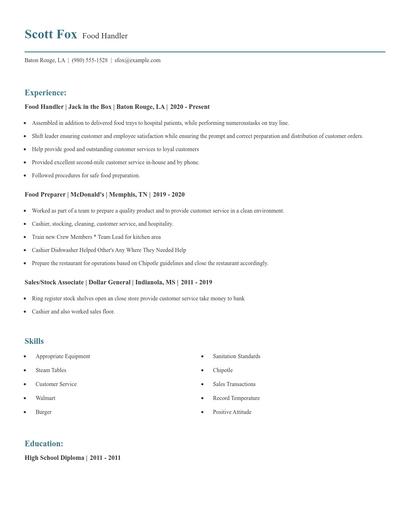 Food Handler Resume