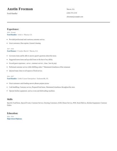 Food Handler Resume