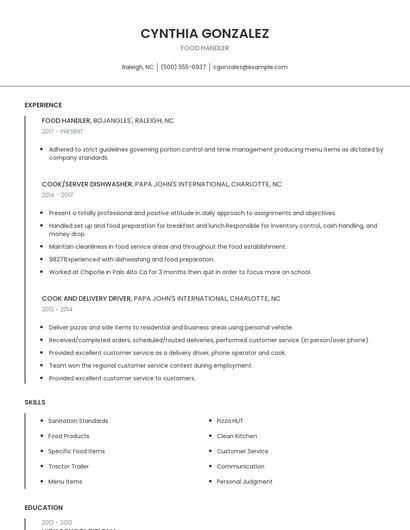 Food Handler Resume