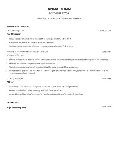 Food Inspector Resume